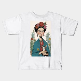 Frida's Floral Feline: Illustrated Tribute Kids T-Shirt